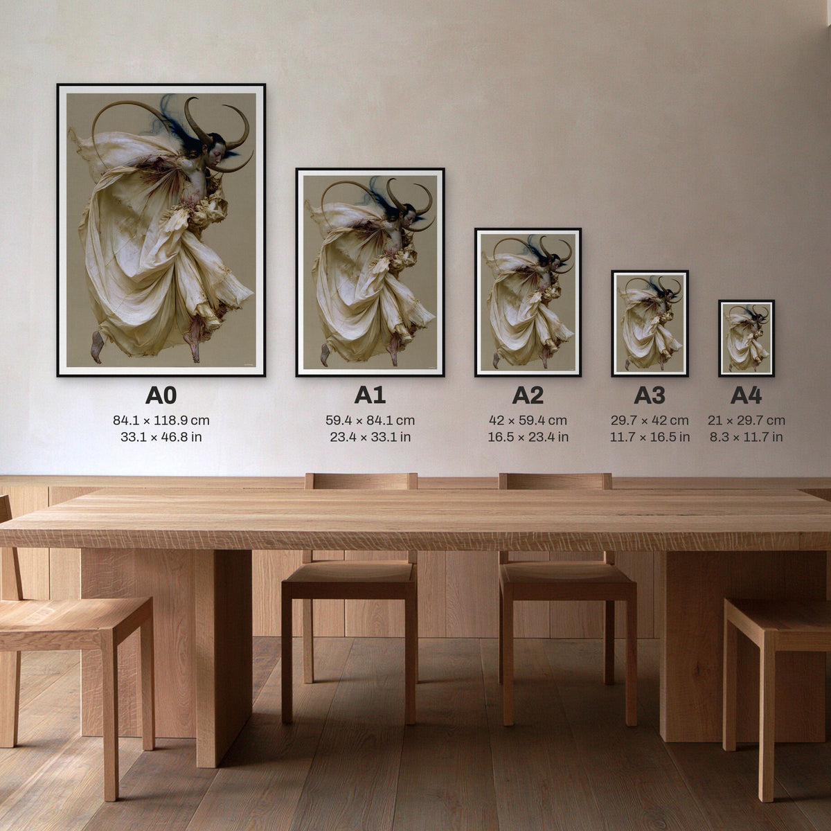 Jeté — every print size side by side on one wall, frame not included